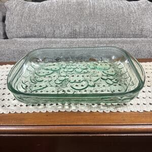 Vintage Libbey Orchard Fruit Green Glass Casserole Oven Proof Baking Dish 9x13"